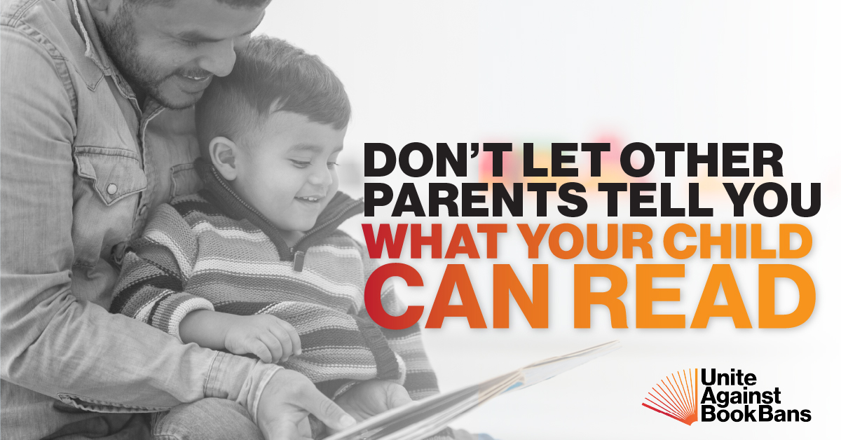 Image of a parent and child reading a book and smiling with text that reads "Don't Let Other Parents Tell You What Your Child Can Read."