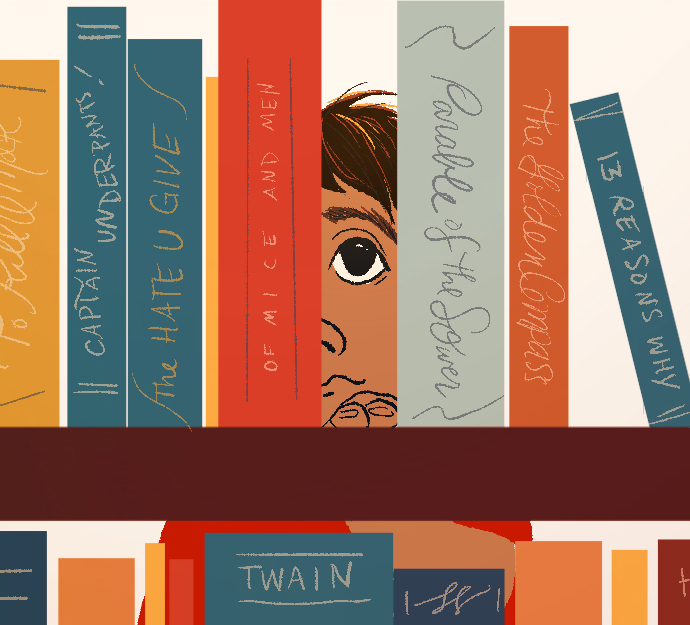 Illustration of a child looking at a gap in a bookshelf