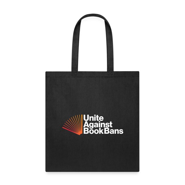 Black tote bag with Unite Against Book Bans logo