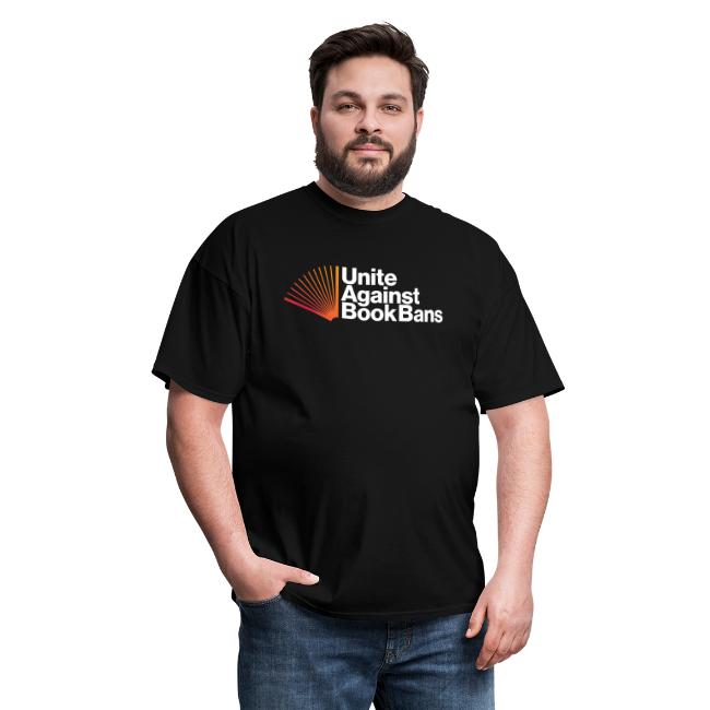 Image of a man wearing a black t-shirt with Unite Against Book Bans logo