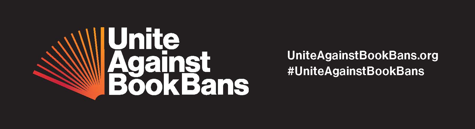 Black box with Unite Against Book Bans logo, URL, and hashtag.