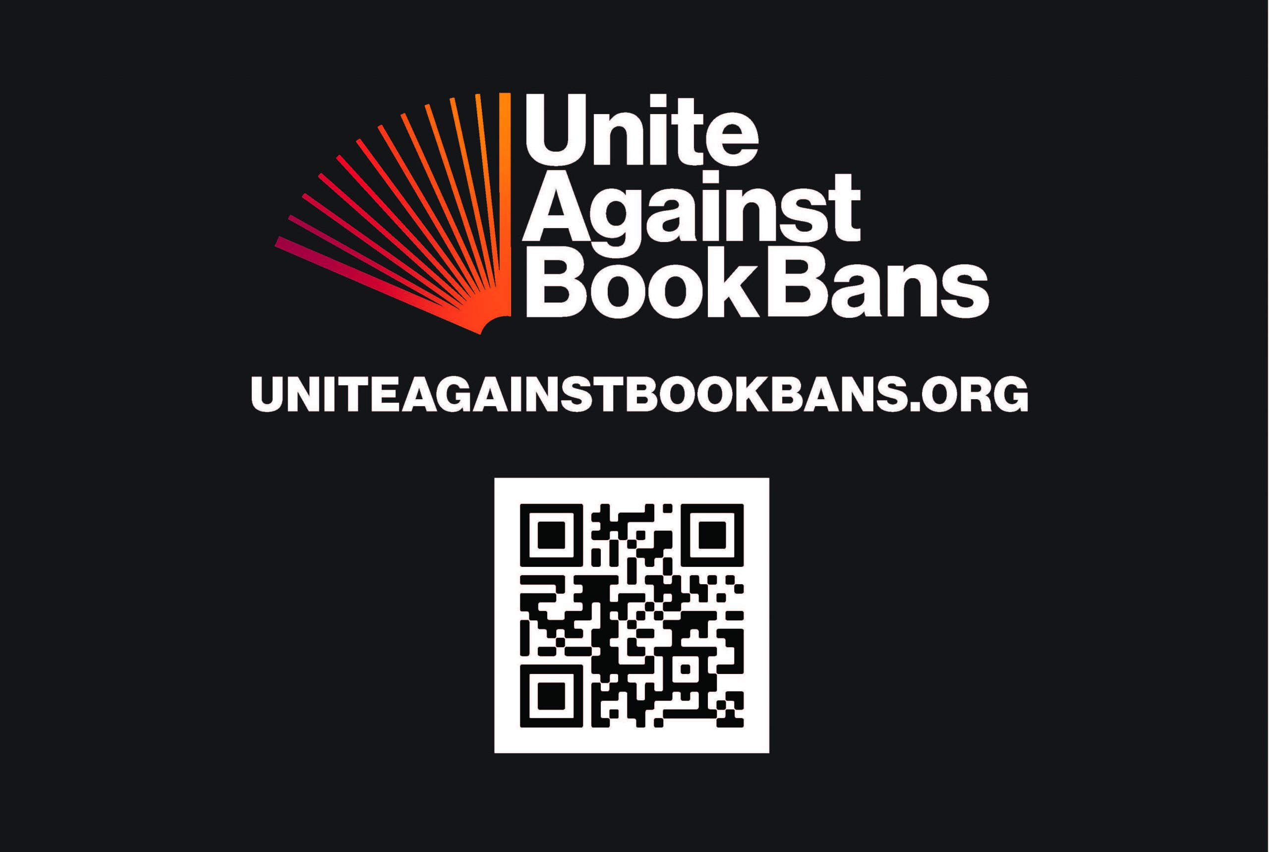 Black image with Unite Against Book Bans logo and URL and QR code