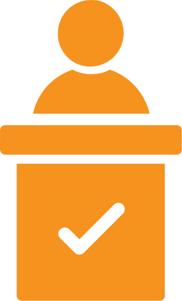 graphic of a person standing behind a podium with a checkmark