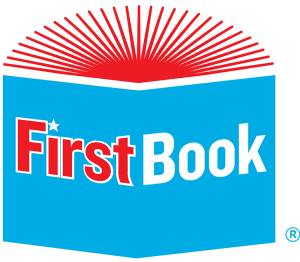 First Book logo, which shows a blue book with red light radiating from behind it.