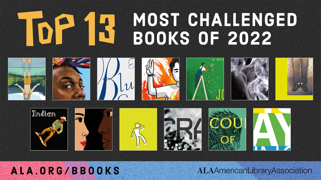 Top 13 Most Challenged Books of 2022. Small portions of cover images of 13 books. ala.org/bbooks. American Library Association logo