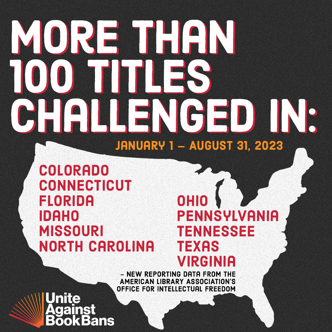 More than 100 Titles Challenged in: January 1 – August 31, 2023: Colorado, Connecticut, Florida, Idaho, Missouri, North Carolina, Ohio, Pennsylvania, Tennessee, Texas, Virginia. Unite Against Book Bans logo.