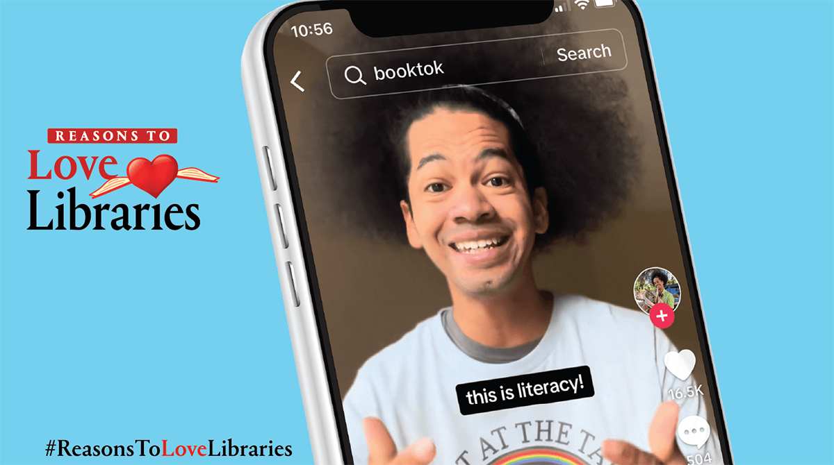 Reasons to Love Libraries. Image of Mychal the librarian on a phone screen talking to the camera.