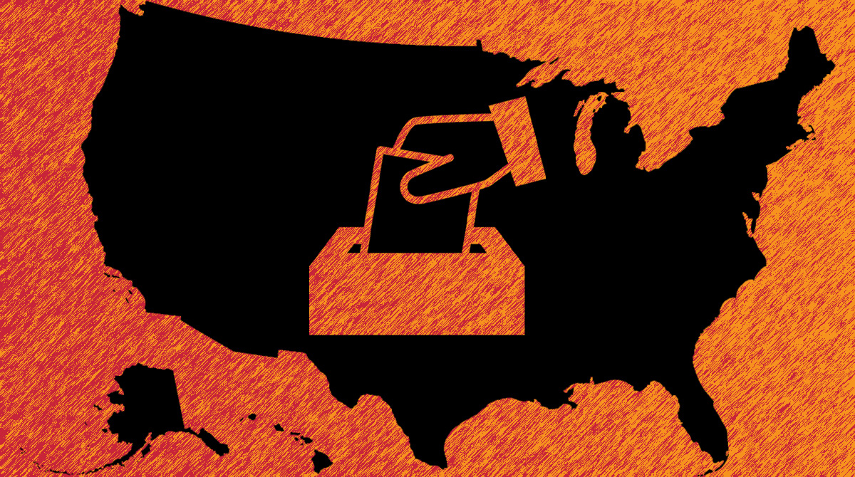 Graphic of a ballot box over a silhouette of the United States