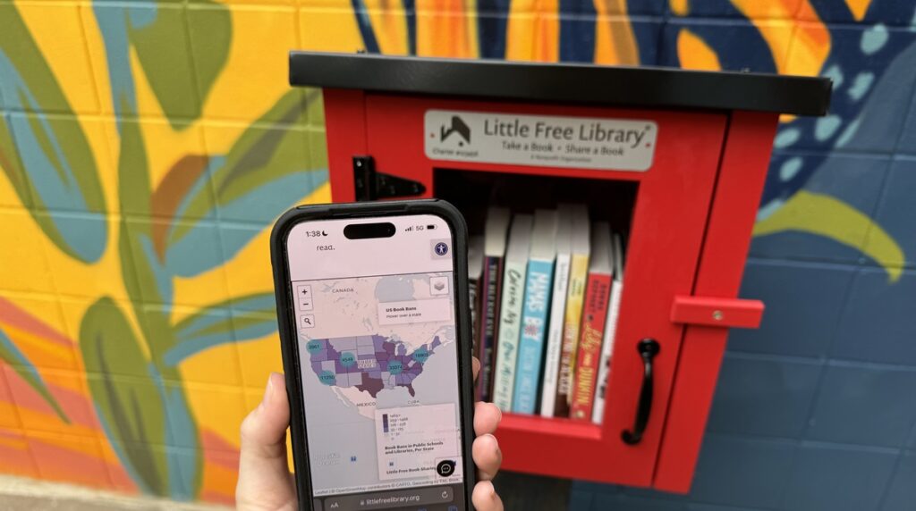 A Little Free Library filled with banned titles and the mobile version of Little Free Library’s new Book Ban Map.