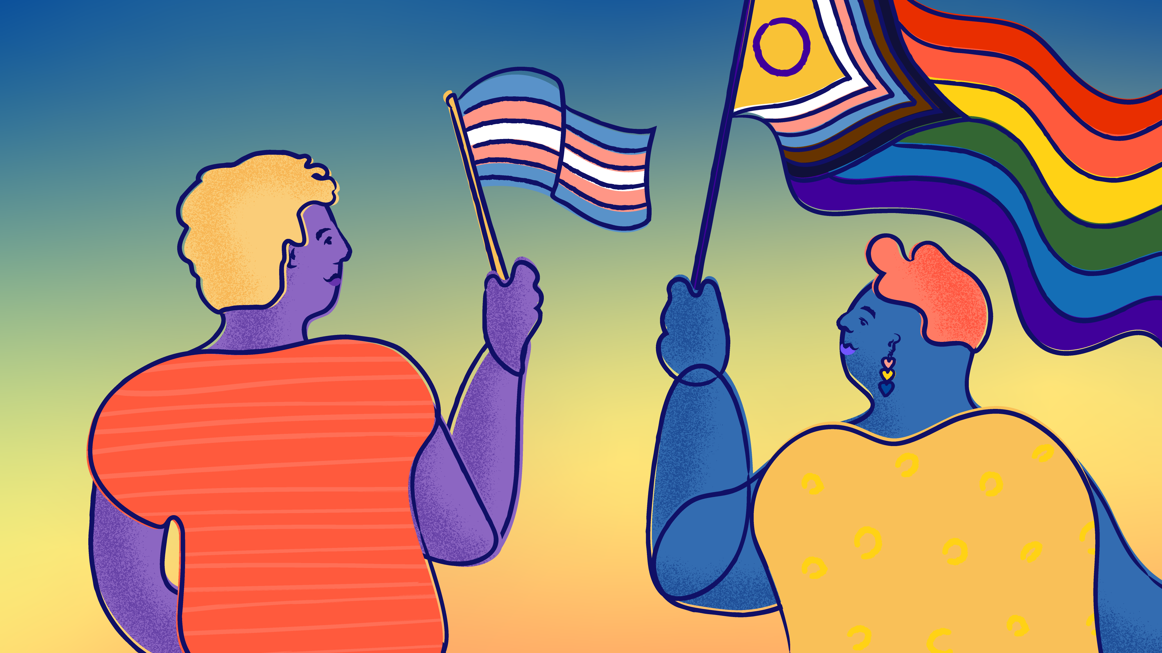 Illustration of two people facing each other, one holding an Intersex-Inclusive Progress Pride Flag and the other a Transgender Pride Flag.