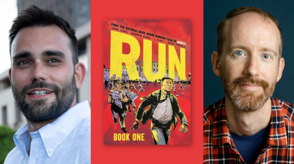 Photographs of author Andrew Aydin (left) and illustrator Nate Powell (right) appear beside the cover of RUN: BOOK ONE.