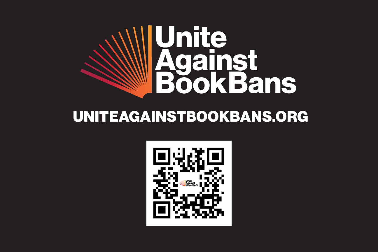 Unite Against Book Bans logo. uniteagainstbookbans.org. QR code with Unite logo