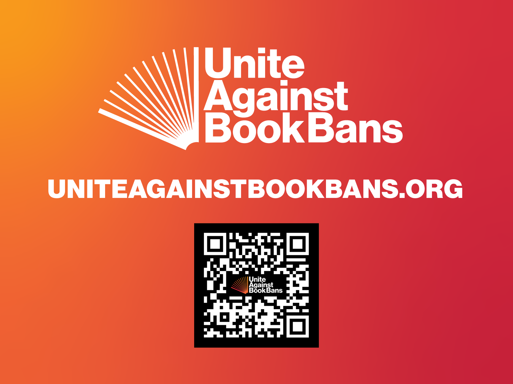 Unite Against Book Bans logo. uniteagainstbookbans.org. QR code with Unite logo