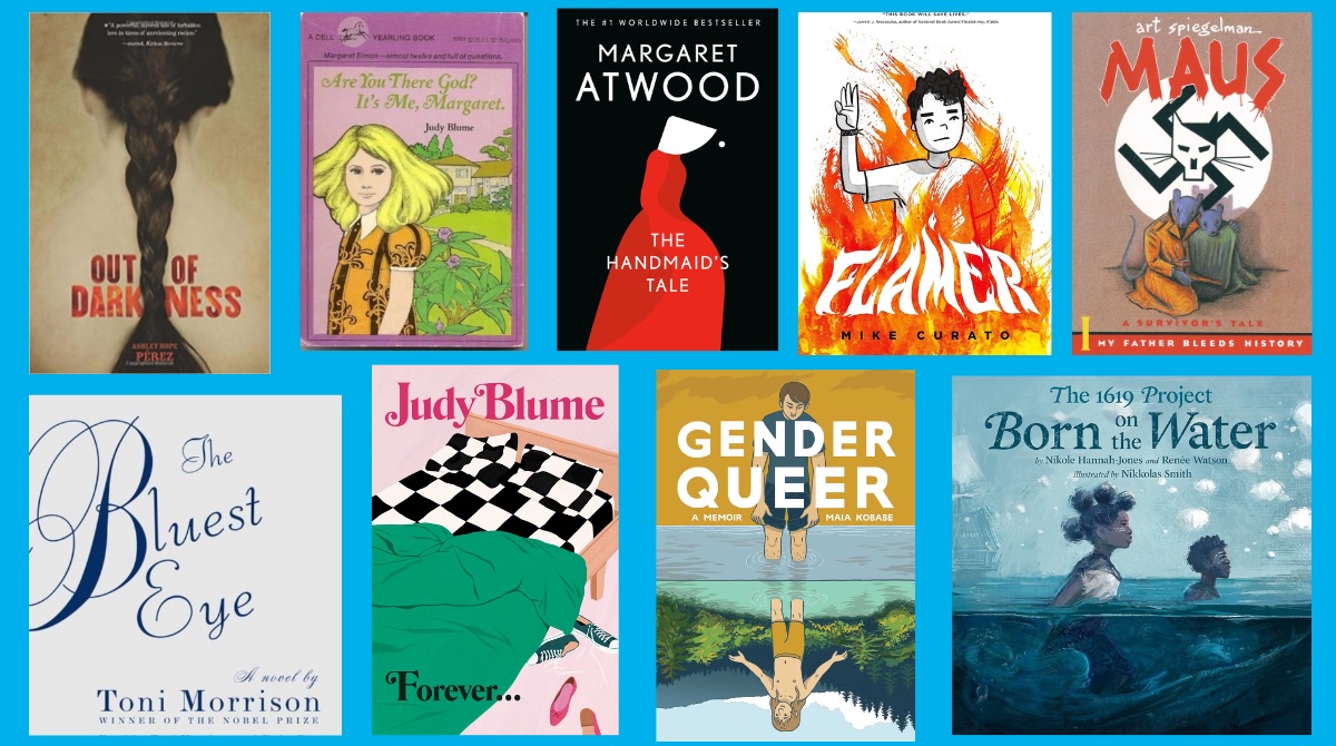Graphic showing covers from nine frequently challenged books that are represented in the Banned Books project.