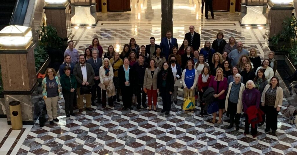 A group of 75 Connecticut librarians stand in the Legislative Office Building in Hartford, advocating for the state's Freedom to Read legislation.