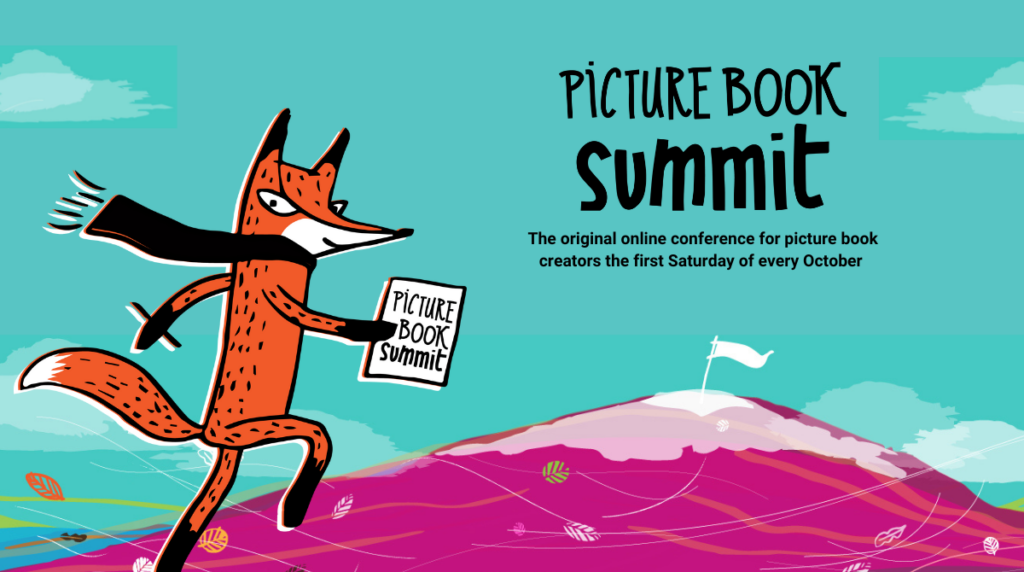 Graphic showing a cartoon fox heading up a mountain holding a book labeled "Picture Book Summit"