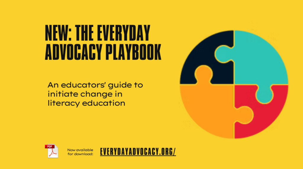 Everyday Advocacy logo on a yellow background with text inviting readers to download a copy of the new playbook at everydayadvocacy.org.