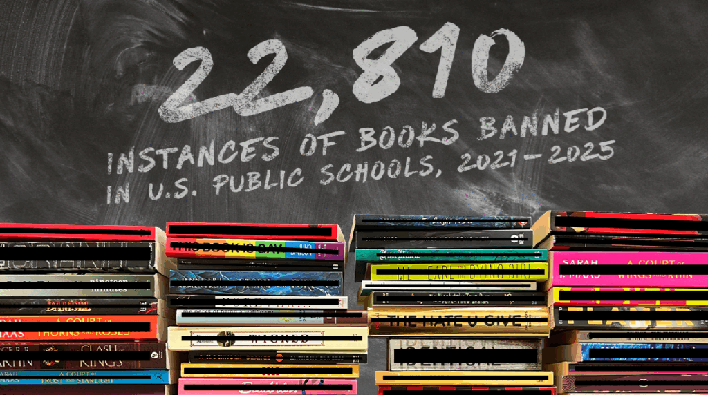Graphic showing a chalkboard, stacks of books, and texgt reading: 22,810 instances of books banned in US public schools, 2021-2025