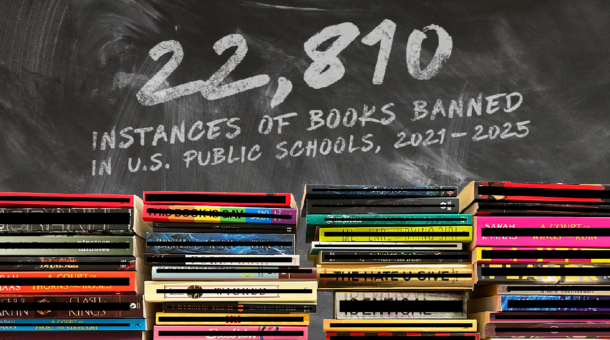 Graphic showing a chalkboard, stacks of books, and texgt reading: 22,810 instances of books banned in US public schools, 2021-2025