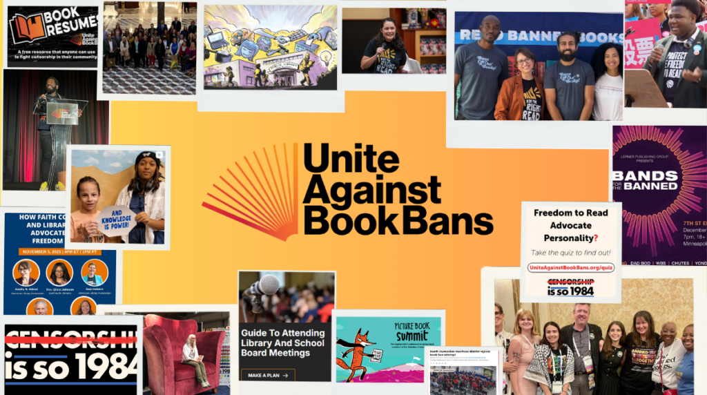 Image with the Unite Against Book Bans logo in the center, surrounded by a photo collage that includes 17 images from previous blog posts.