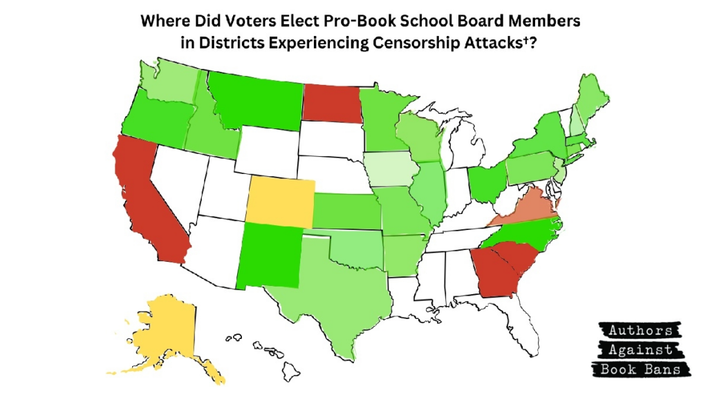 Color coded map of the United States, under the text "where did voters elect pro-book school board members in districts experiencing censorship attacks? A logo for Authors Against Book Bans appears at the bottom.