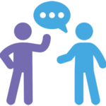 Simple graphic on a light background showing two abstract, blocky human-like figures—one purple and one blue—leaning toward each other with their foreheads touching, suggesting close conversation or connection.