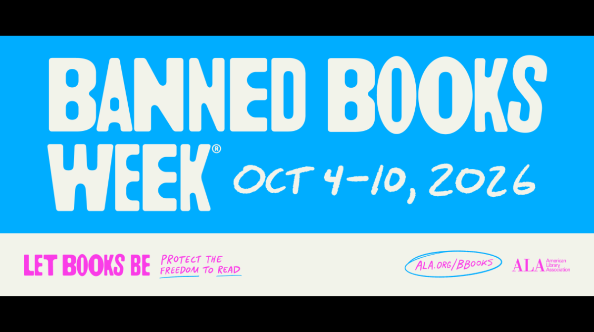 Promotional graphic for Banned Books Week 2026. Large white text on a bright blue background reads “BANNED BOOKS WEEK” with the dates “Oct 4-10, 2026.” A banner at the bottom says “Let Books Be” and “Protect the Freedom to Read,” and includes the website “ALA.org/BBooks” and the American Library Association logo.