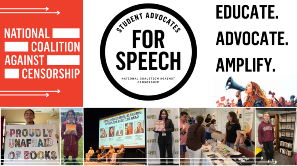 Photos of sutdent appear under three text based logos that read: National Coaltion Against Censorship, Student Advocates for Speech, and Educate. Advocate. Amplify.