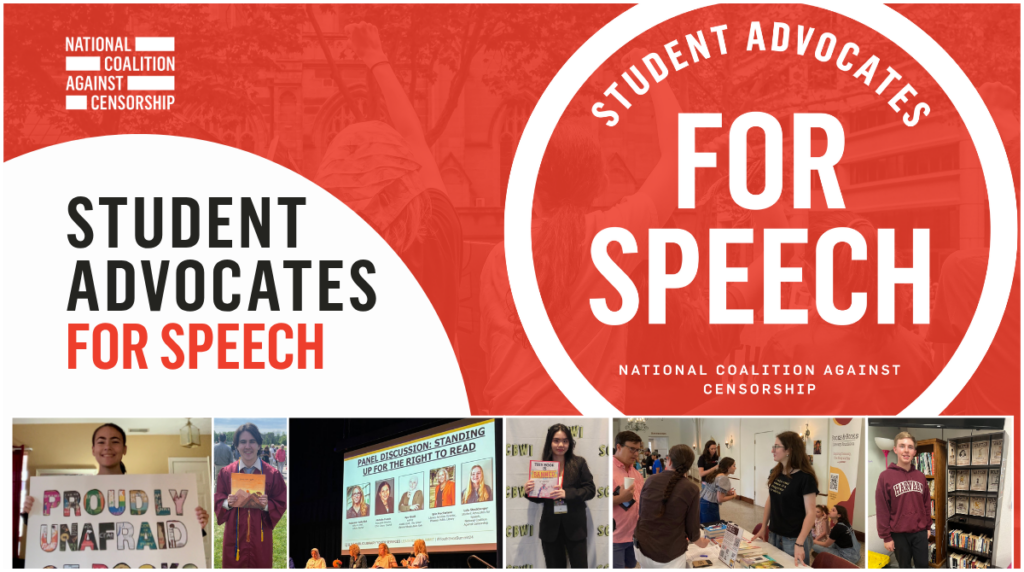 Photos of student appear under text-based logos that read: National Coalition Against Censorship and Student Advocates for Speech.