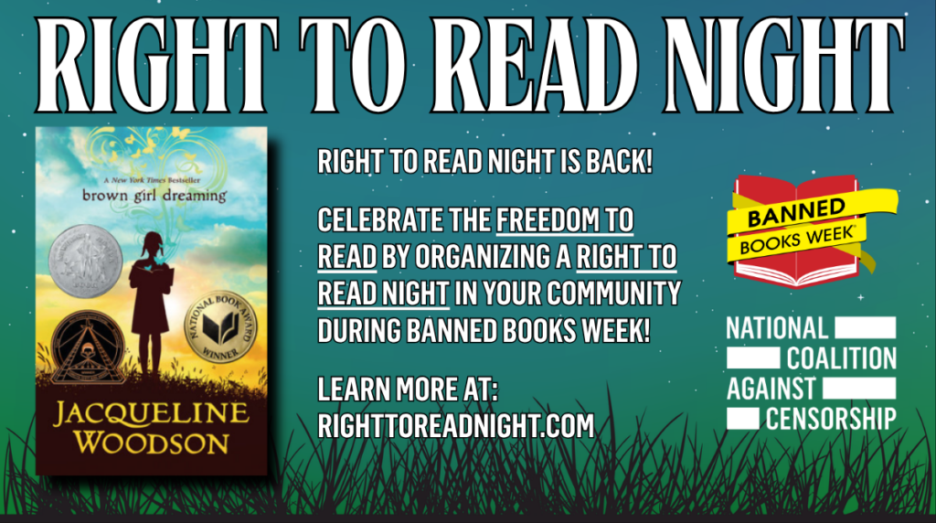 Graphic advertising NCAC's Right to Read Night program. Cover image of Brown Girl Dreaming by Jacqueline Woodson is featured with NCAC logo.